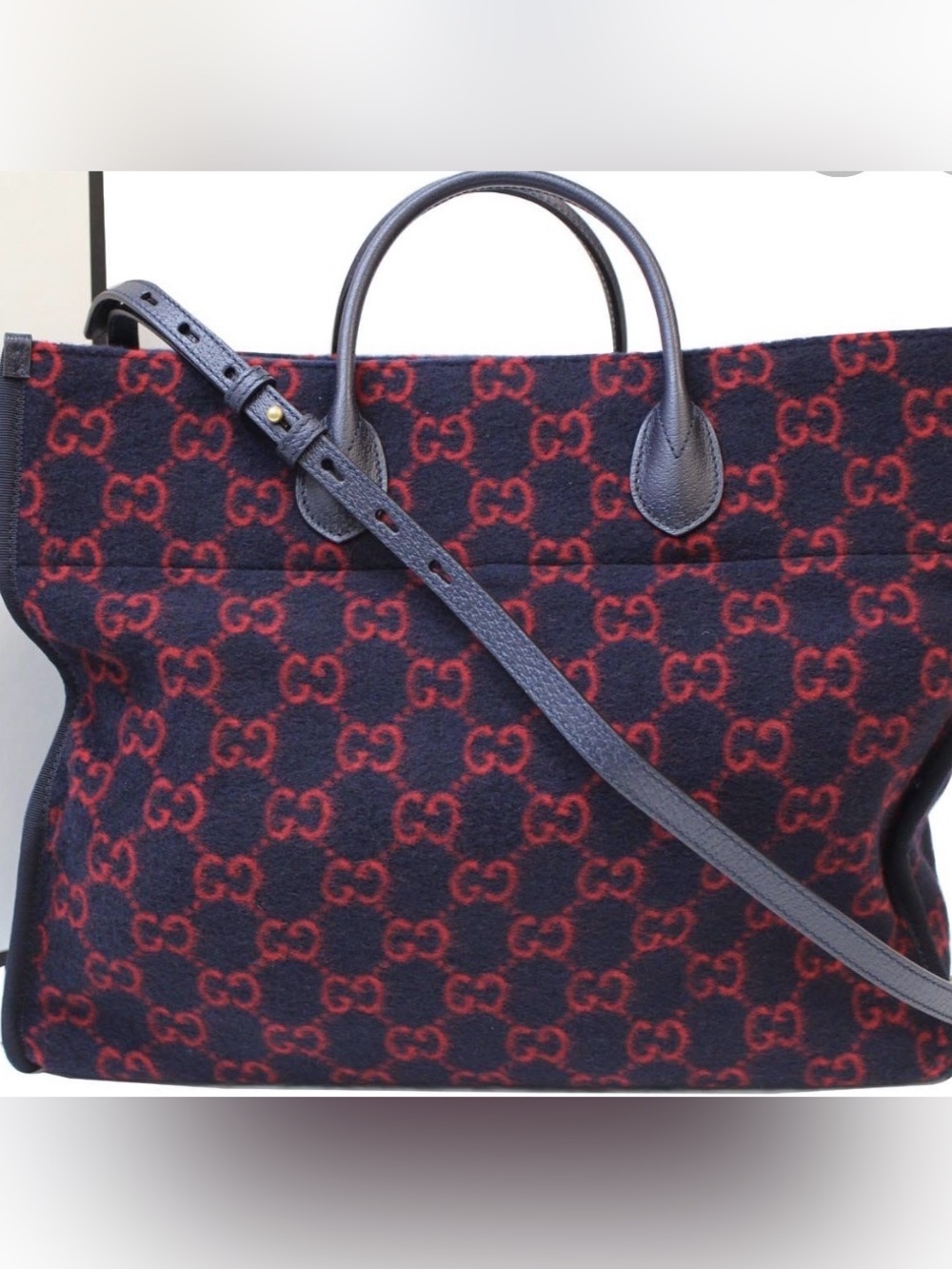Gucci Navy and Red GG Wool Tote with Leather Trim